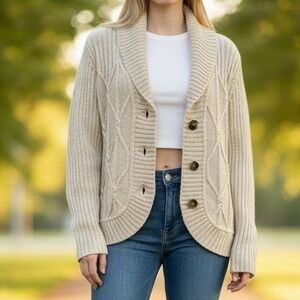 GH Bass Heritage Womens Oatmeal Beige Cable Knit Shawl Collar Cardigan Sweater M